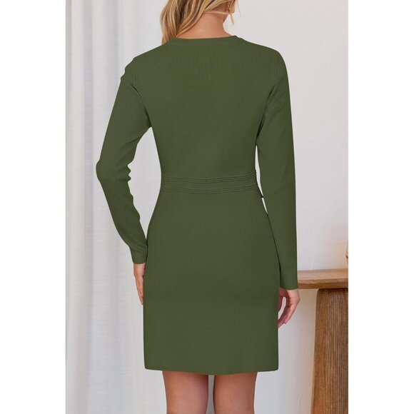 Fall 25 Long Sleeve Bodycon Army Green Sweater Dress Women Winter Formal Mini - Picture 4 of 6